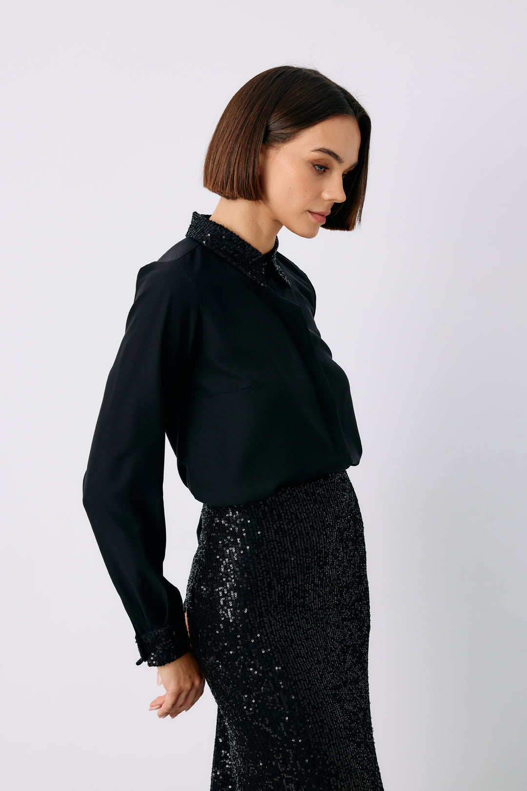 Sateen Chemise Classique à Paillettes - Noir