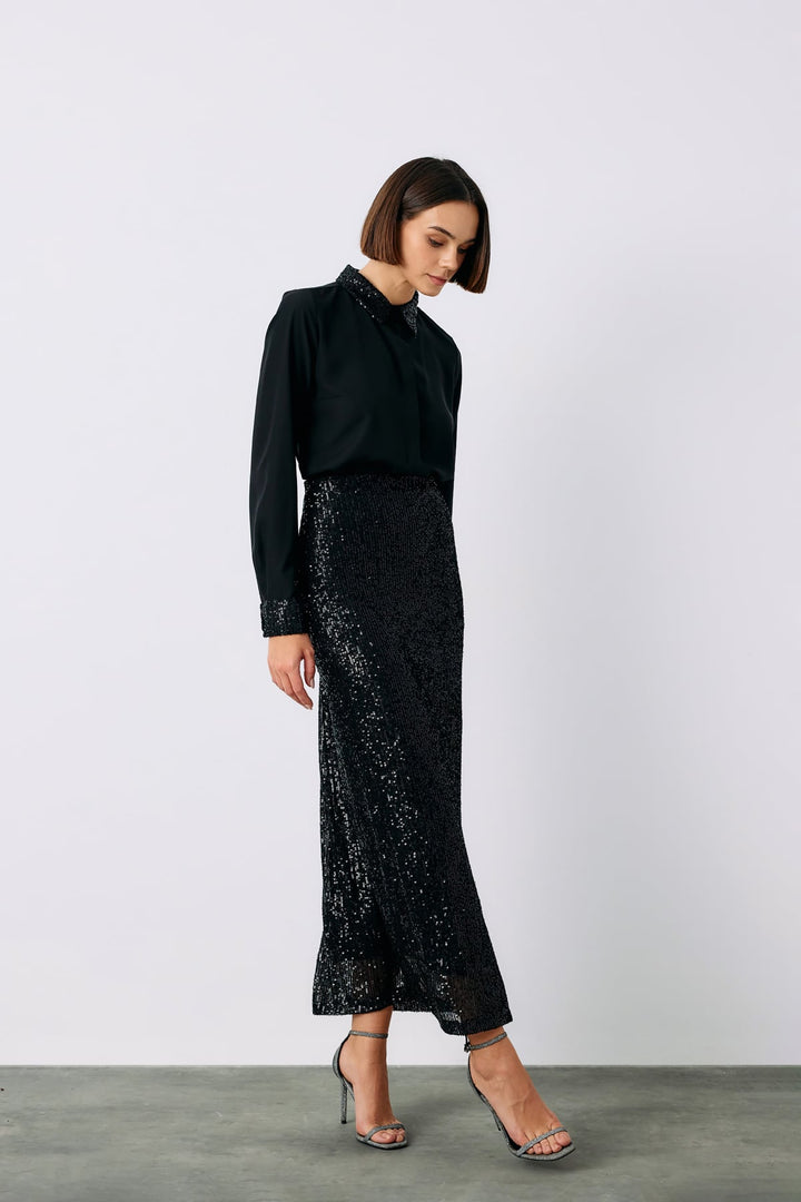 Sateen Chemise Classique à Paillettes - Noir
