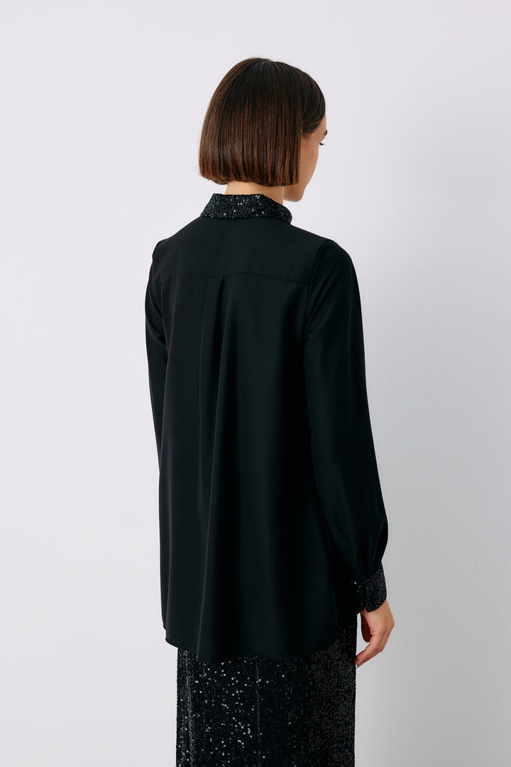 Sateen Chemise Classique à Paillettes - Noir