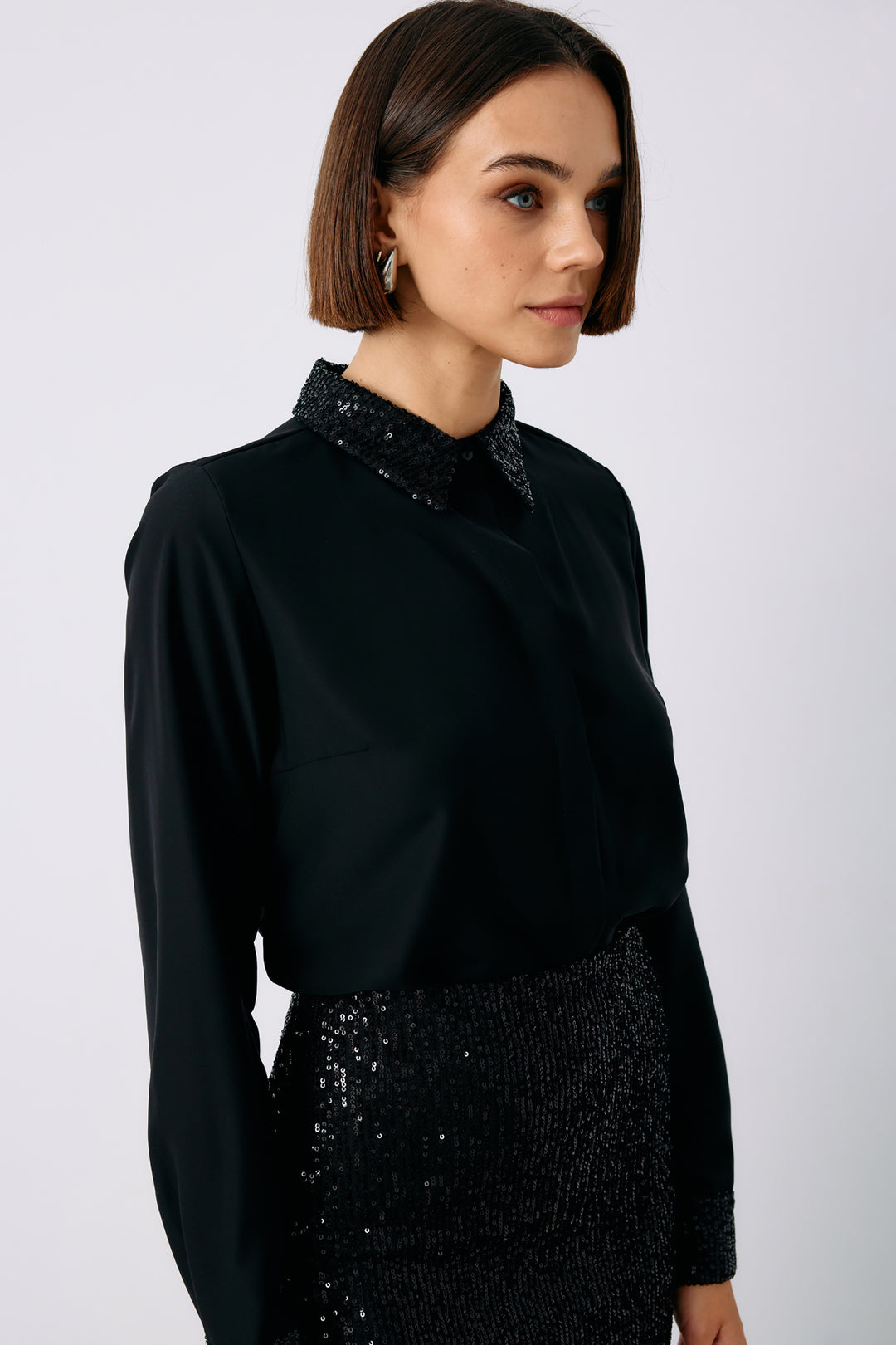 Sateen Chemise Classique à Paillettes - Noir