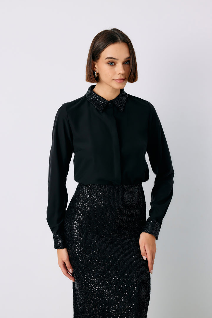 Sateen Chemise Classique à Paillettes - Noir