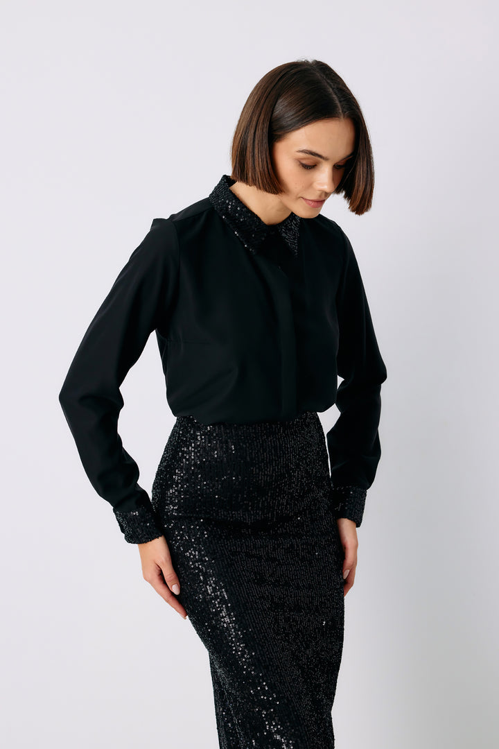 Sateen Chemise Classique à Paillettes - Noir