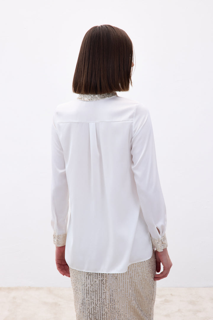 Sateen Chemise en Satin avec Détails Pailletés - Beige