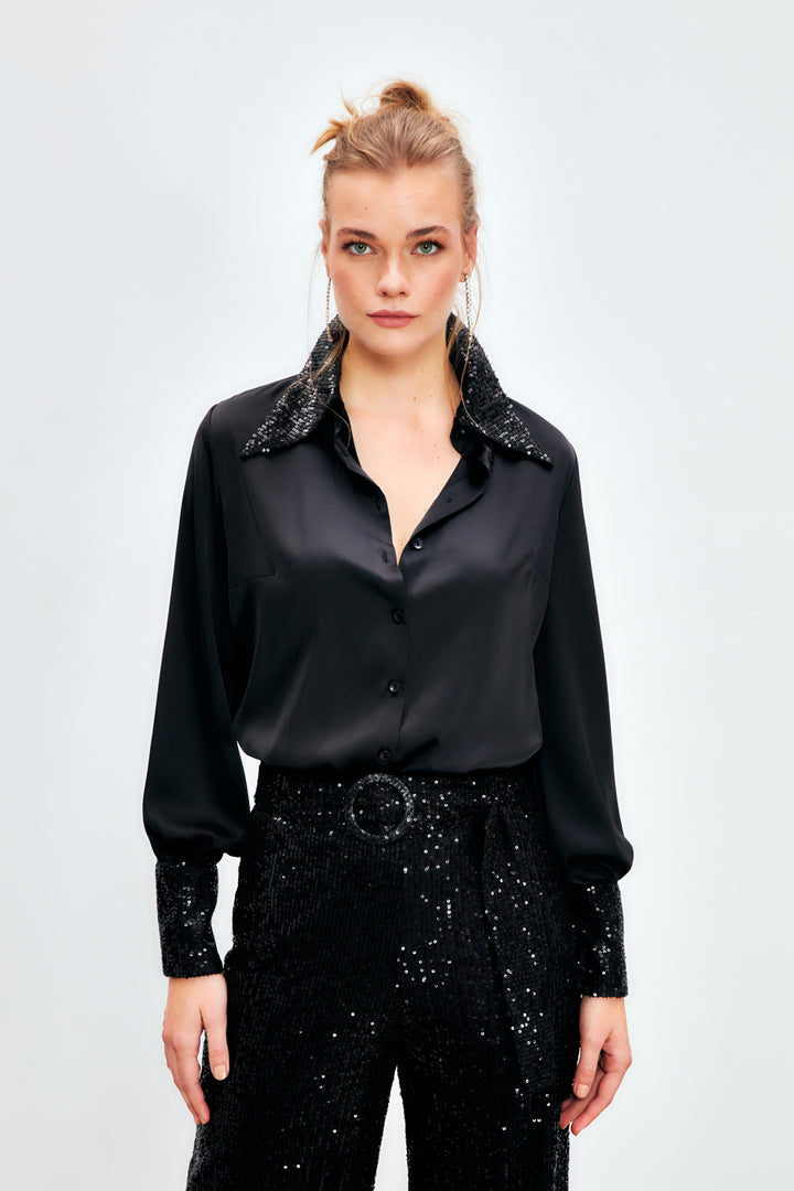 Sateen Chemisier Satin Pailleté - Noir