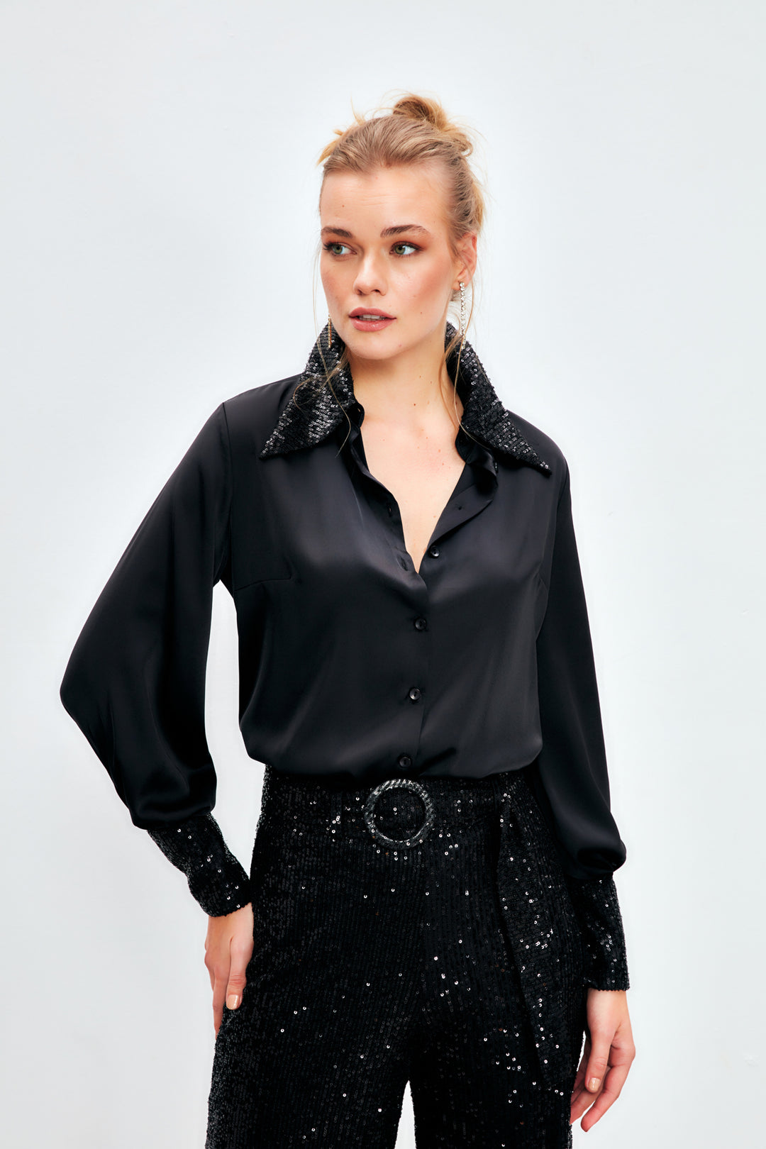 Sateen Chemisier Satin Pailleté - Noir