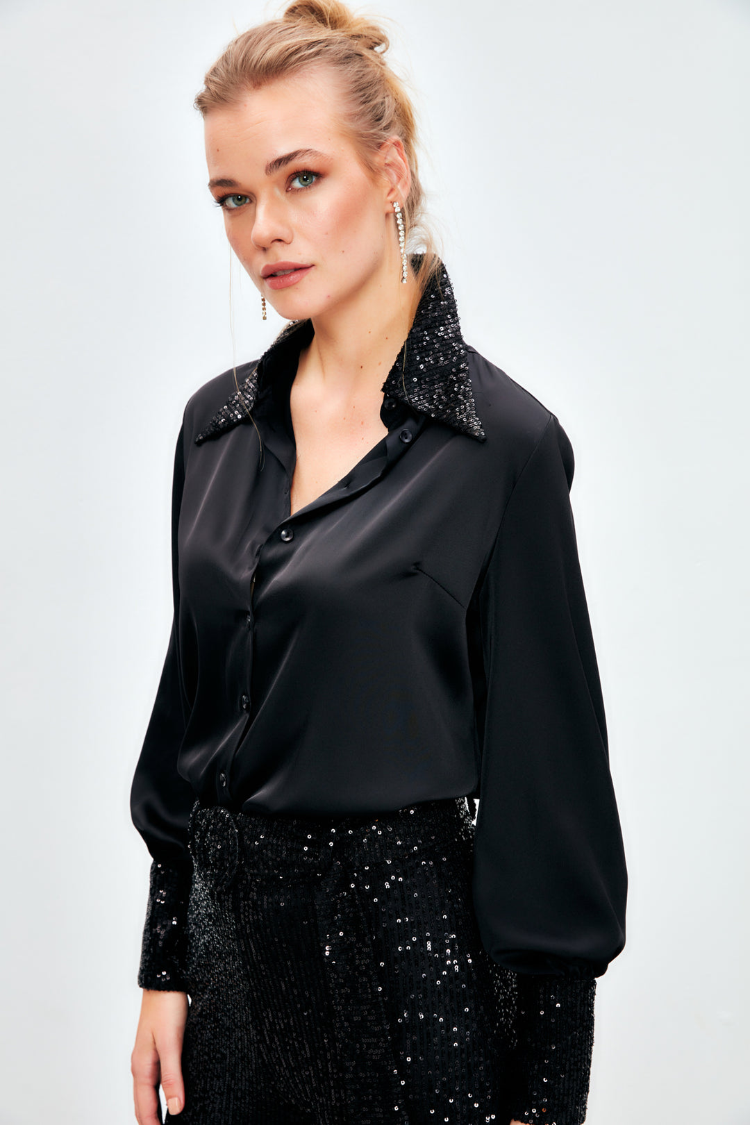 Sateen Chemisier Satin Pailleté - Noir