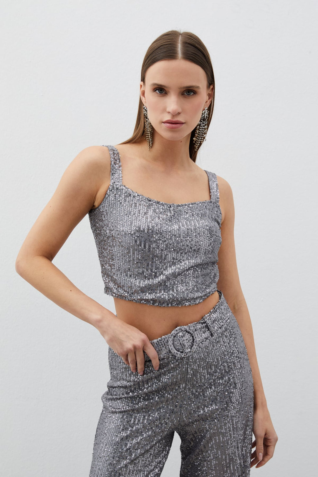 Sateen Top court à paillettes - Argent