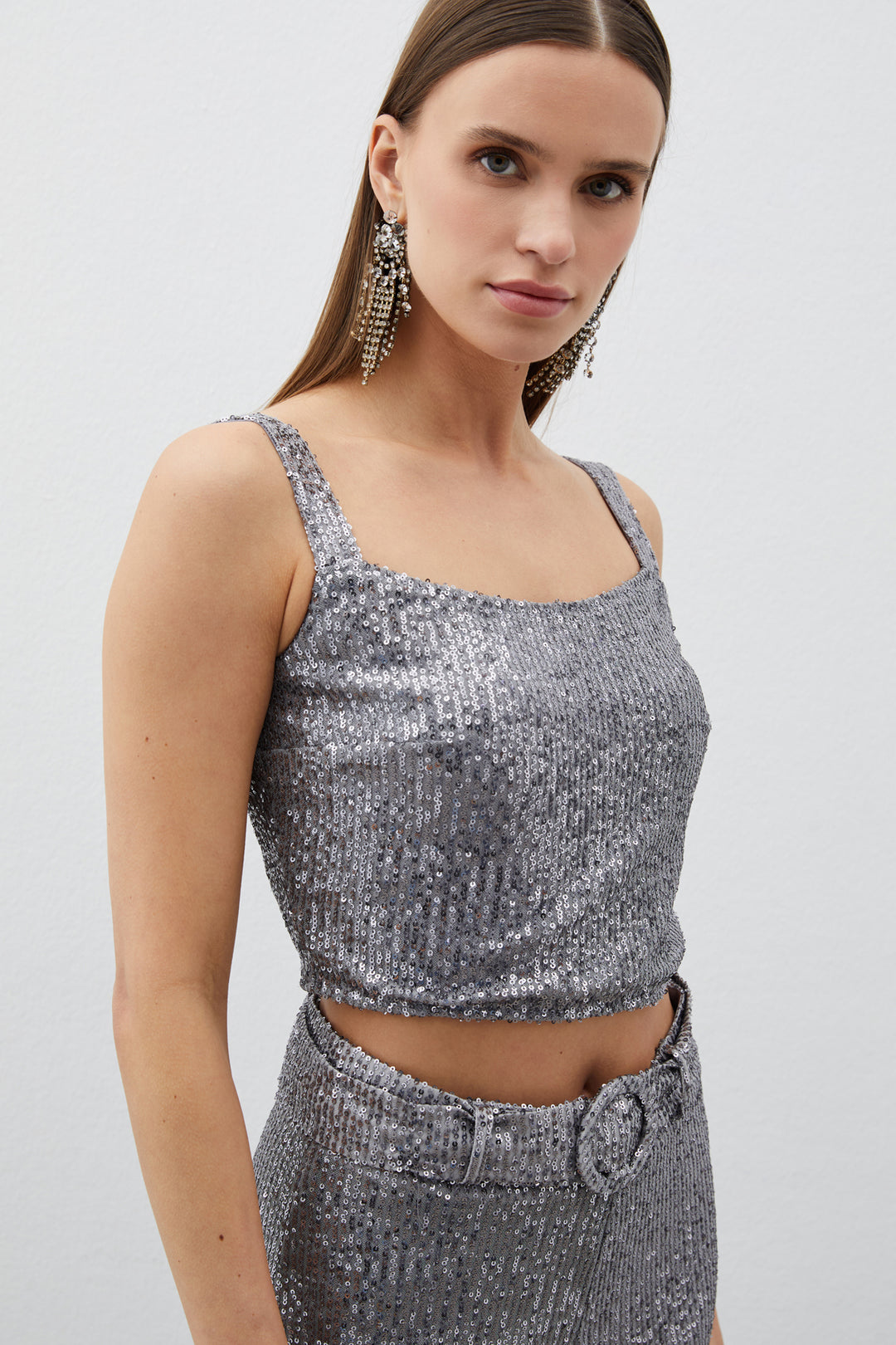Sateen Top court à paillettes - Argent
