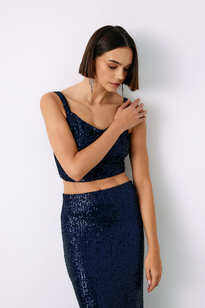 Sateen Top court à paillettes - Bleu marine