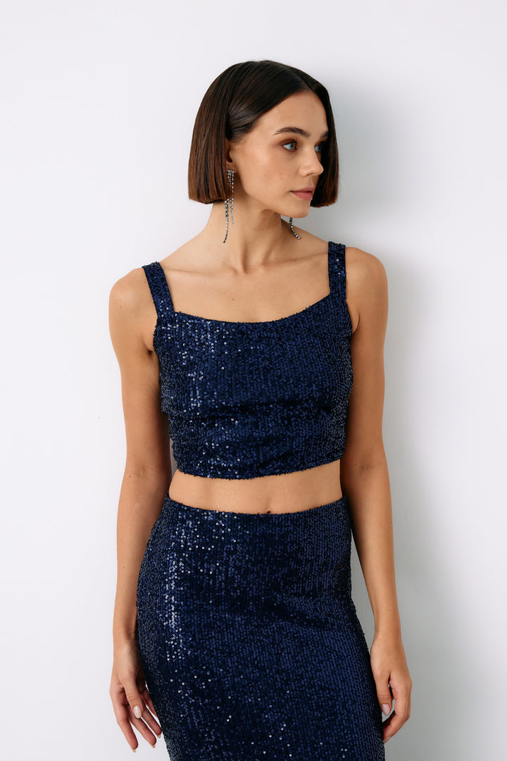 Sateen Top court à paillettes - Bleu marine