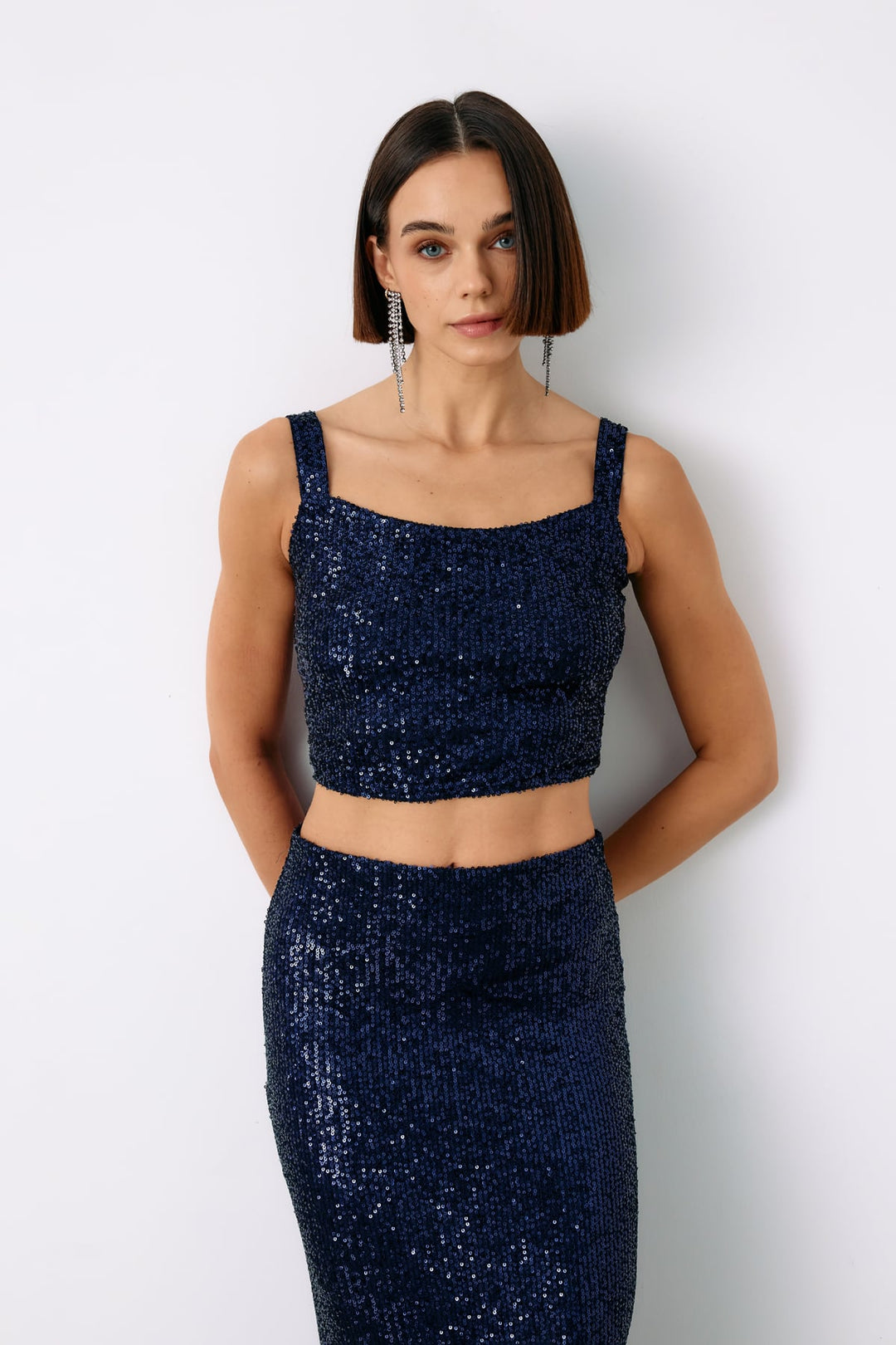 Sateen Top court à paillettes - Bleu marine