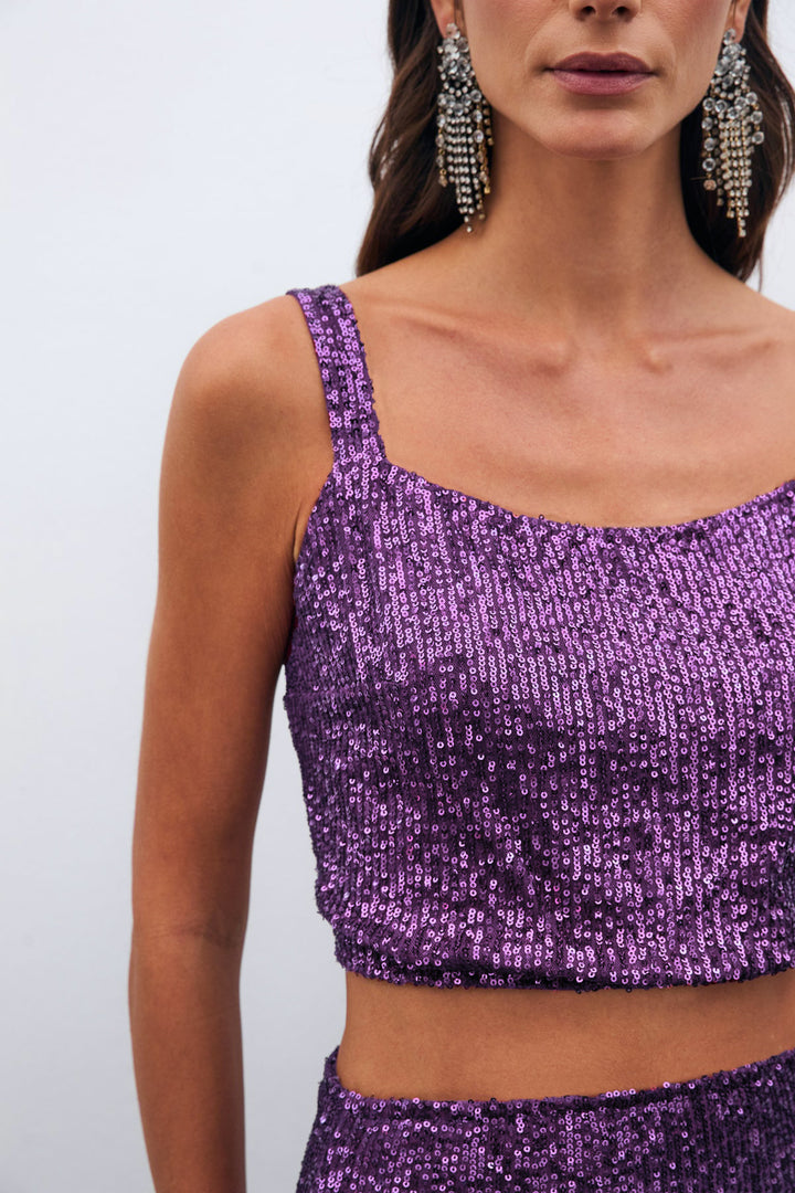 Sateen Top Crop Pailleté - Violet