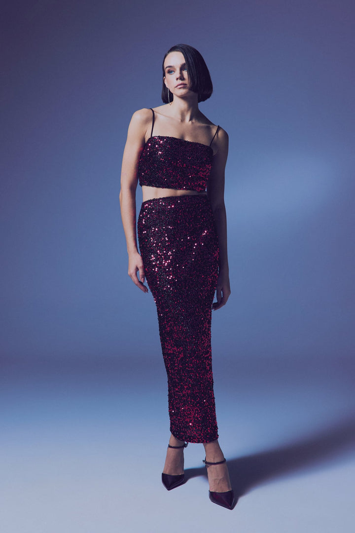 Sateen Jupe Crayon Pailletée - Bordeaux