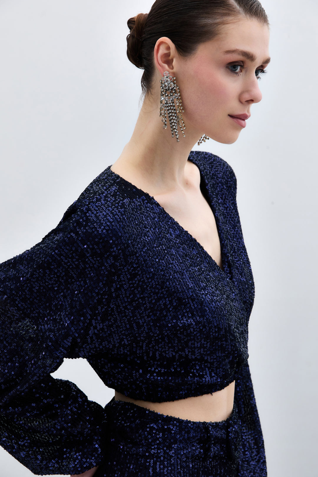 Sateen Blouse Croisée Pailletée - Bleu marine