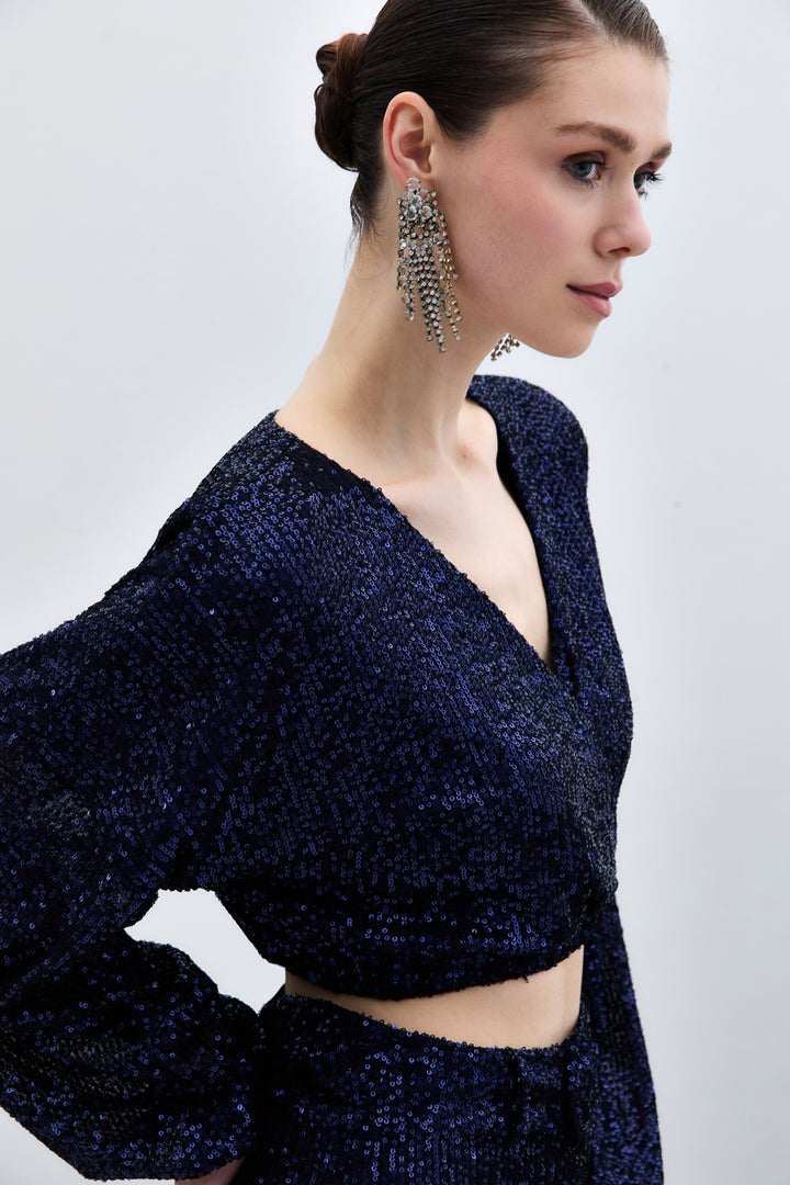 Sateen Blouse Croisée Pailletée - Bleu marine