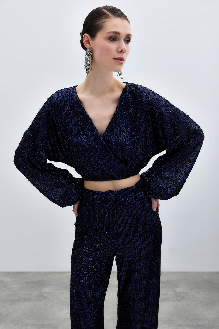Sateen Blouse Croisée Pailletée - Bleu marine