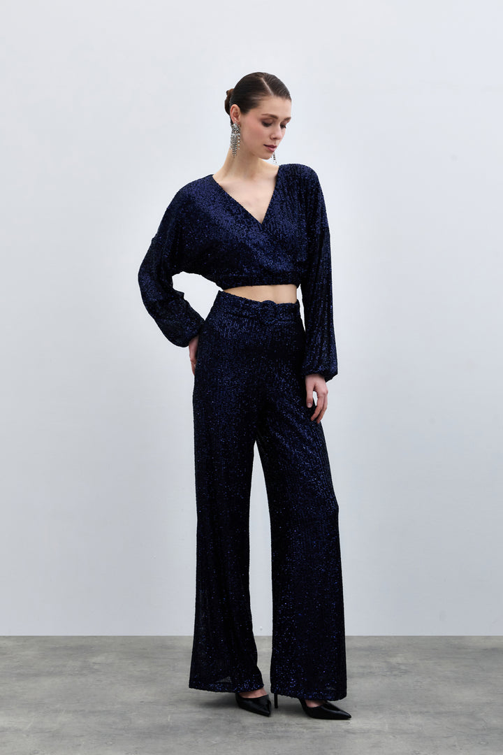 Sateen Blouse Croisée Pailletée - Bleu marine