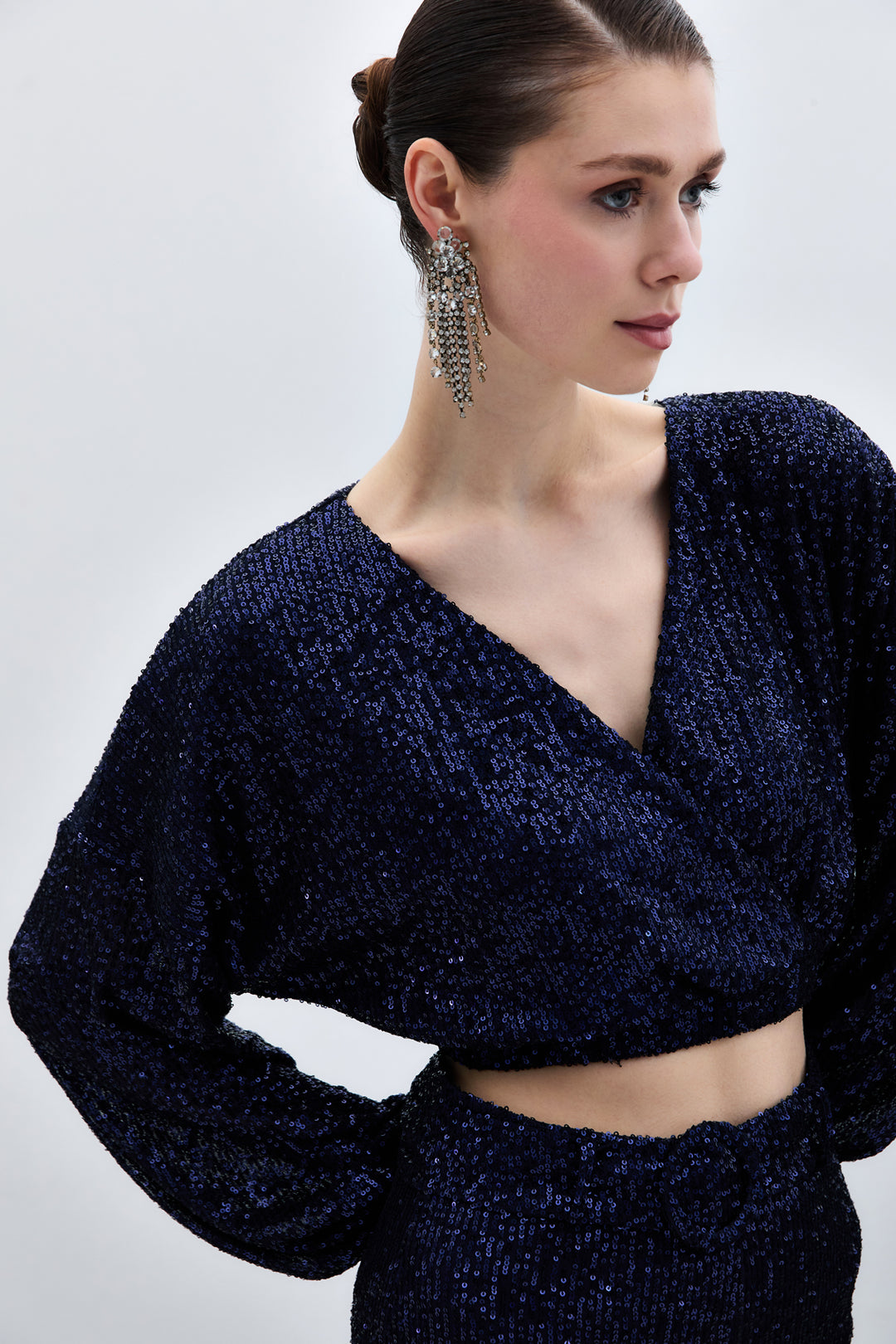 Sateen Blouse Croisée Pailletée - Bleu marine