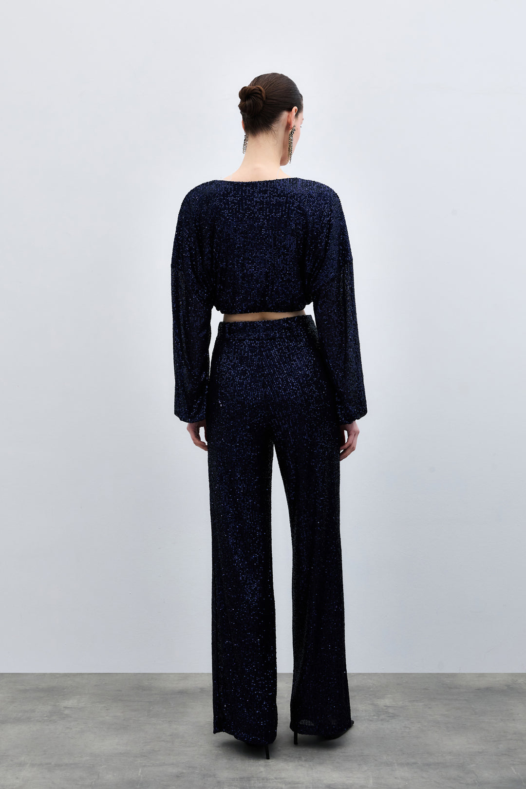 Sateen Blouse Croisée Pailletée - Bleu marine