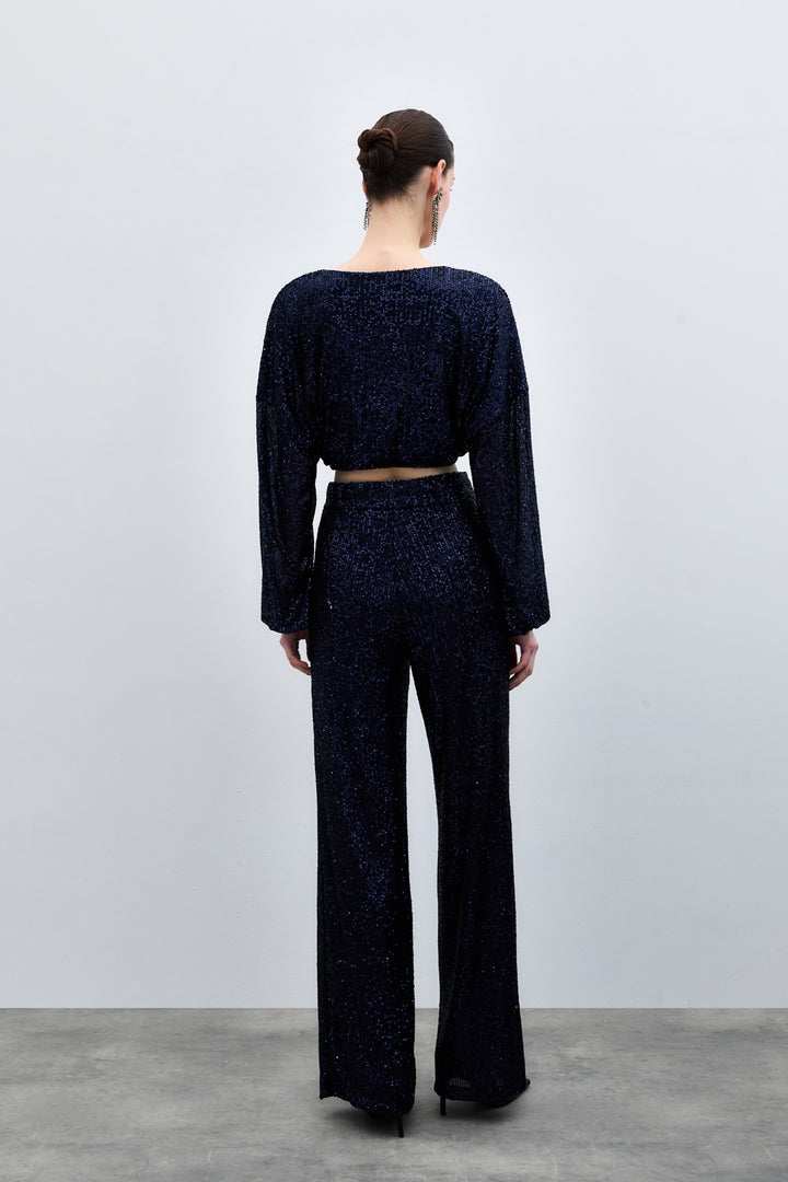 Sateen Blouse Croisée Pailletée - Bleu marine