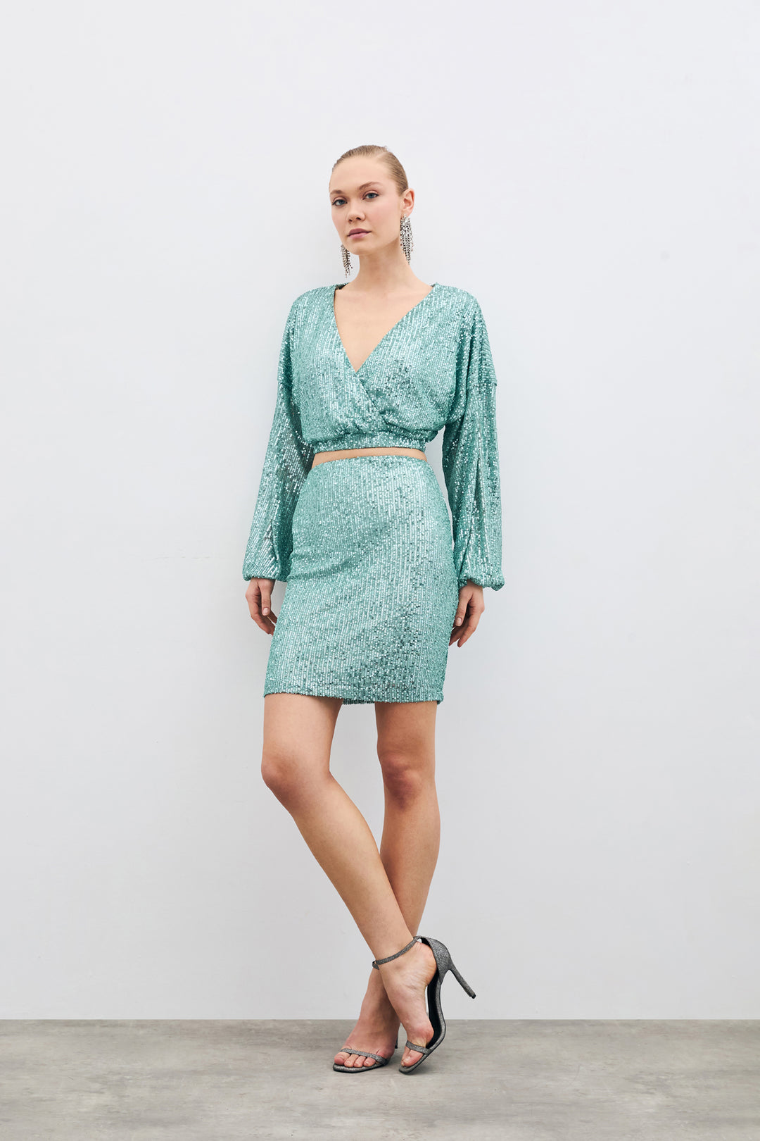 Sateen Blouse Croisée Pailletée - Menthe