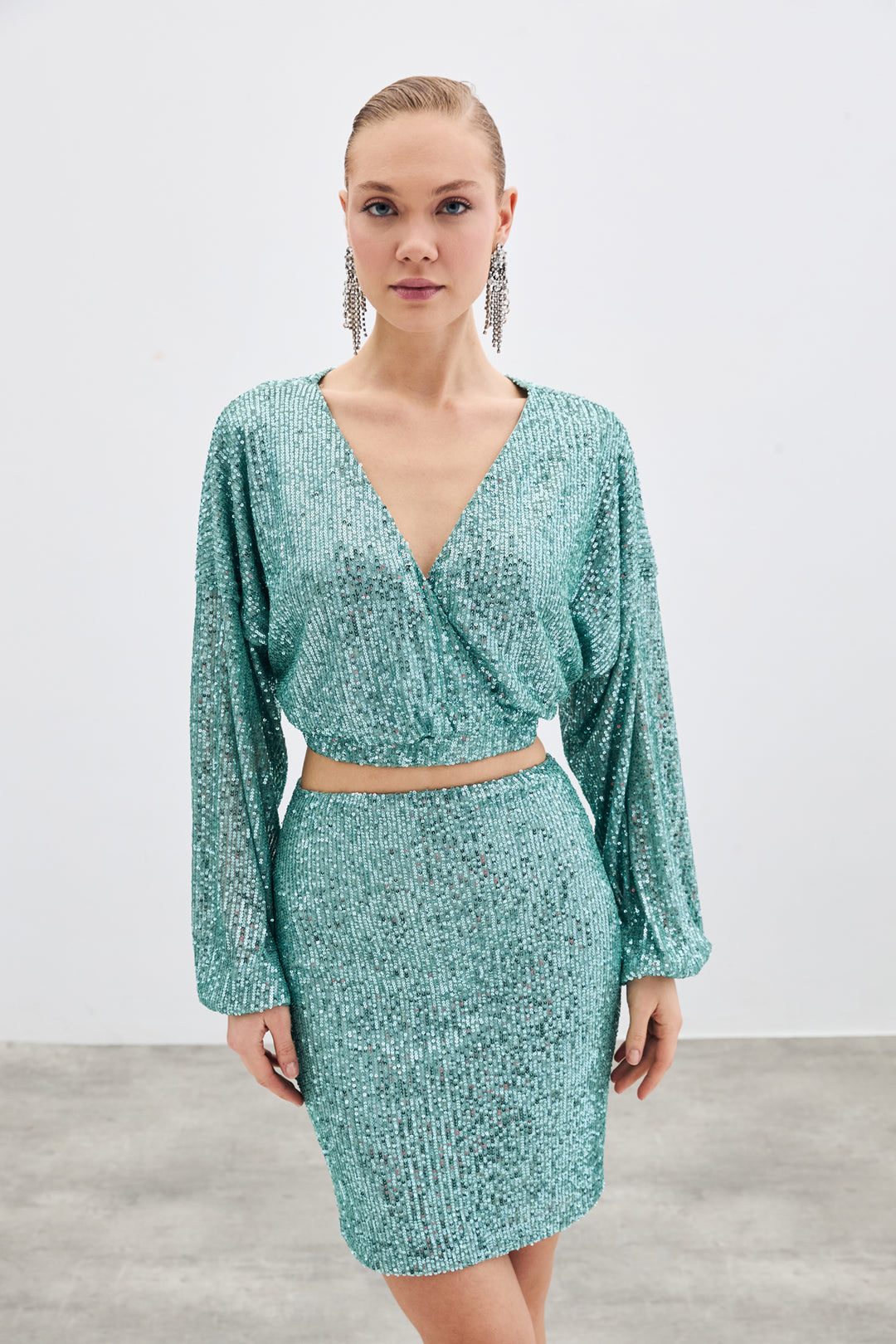 Sateen Blouse Croisée Pailletée - Menthe