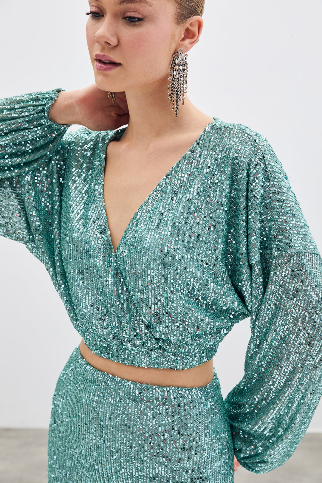 Sateen Blouse Croisée Pailletée - Menthe