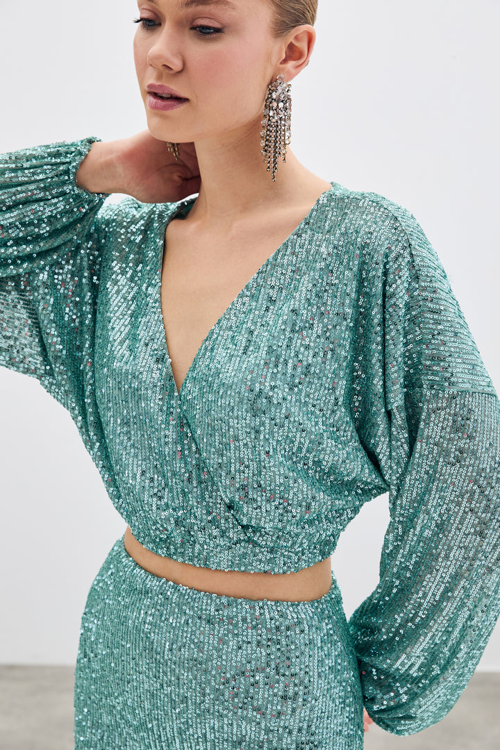 Sateen Blouse Croisée Pailletée - Menthe