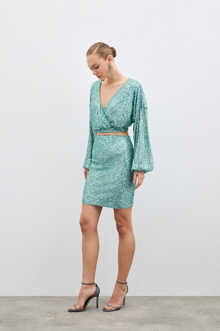 Sateen Blouse Croisée Pailletée - Menthe