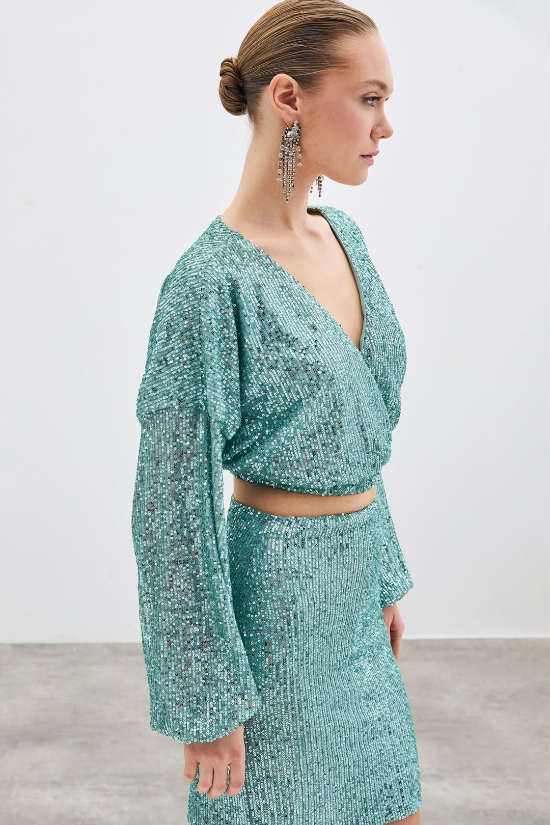 Sateen Blouse Croisée Pailletée - Menthe