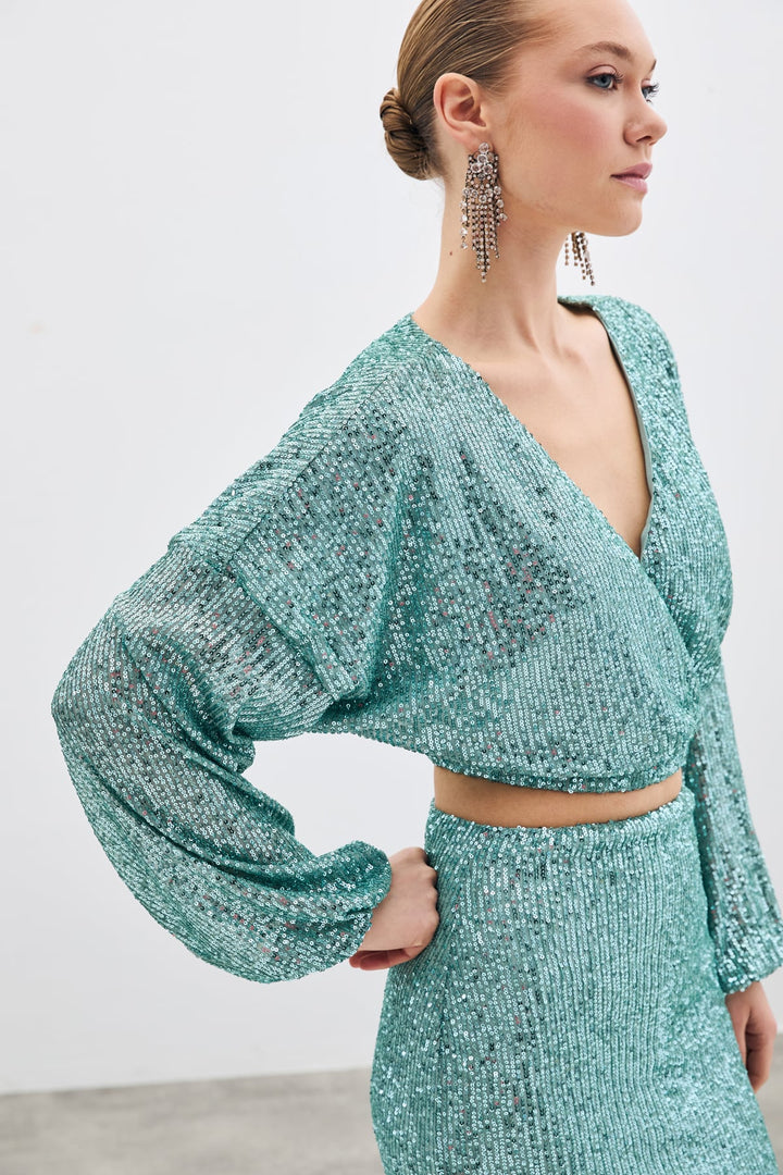 Sateen Blouse Croisée Pailletée - Menthe