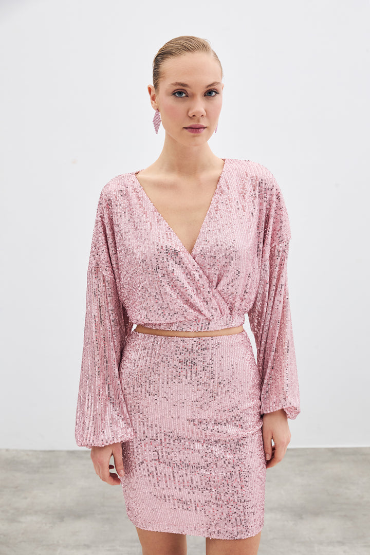 Sateen Blouse Croisée Pailletée - Poudre