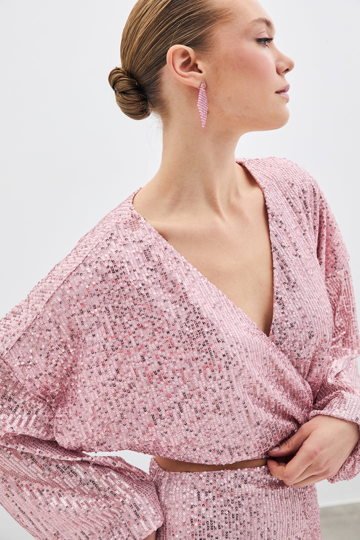 Sateen Blouse Croisée Pailletée - Poudre