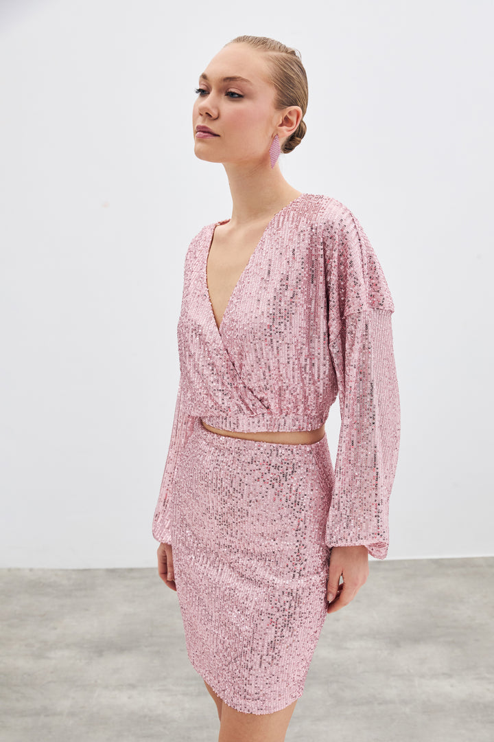 Sateen Blouse Croisée Pailletée - Poudre