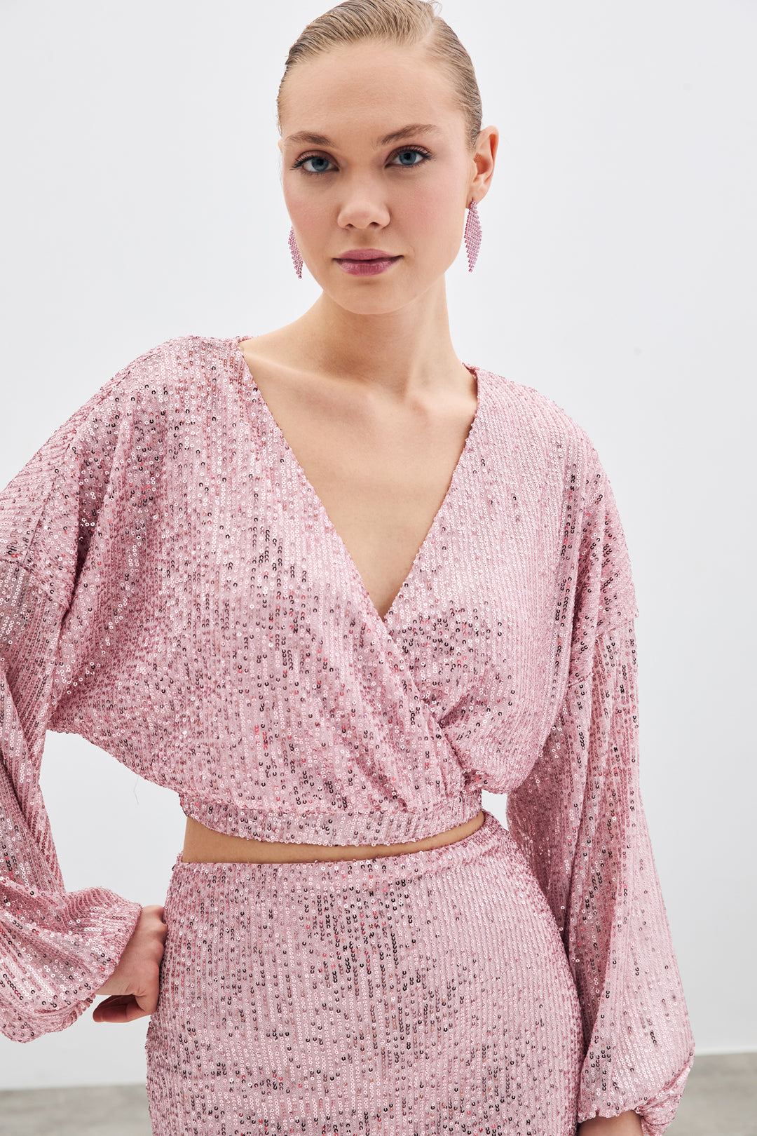 Sateen Blouse Croisée Pailletée - Poudre