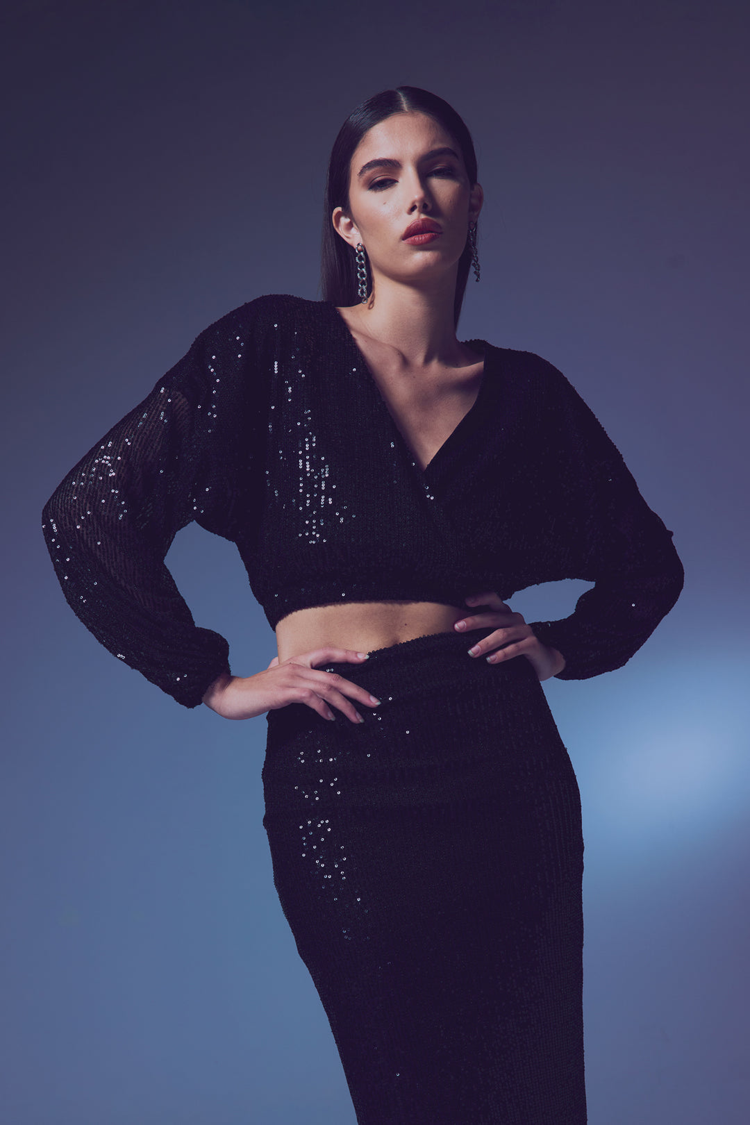Sateen Blouse Croisée Pailletée - Noir