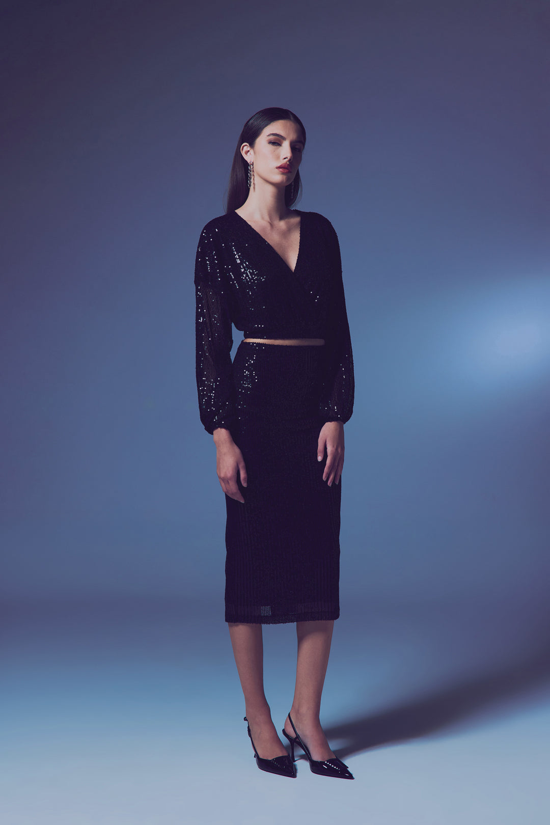 Sateen Blouse Croisée Pailletée - Noir