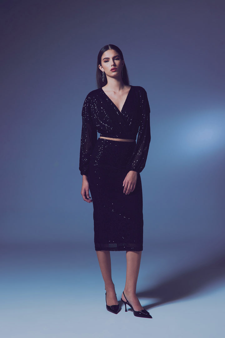 Sateen Blouse Croisée Pailletée - Noir