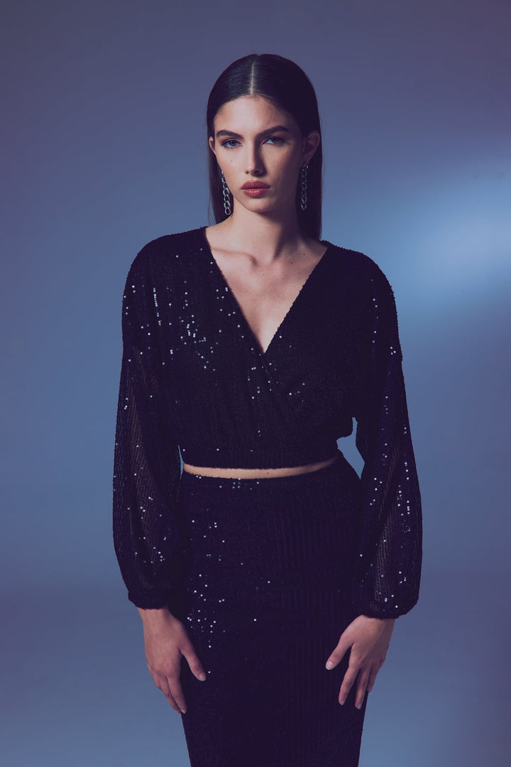 Sateen Blouse Croisée Pailletée - Noir