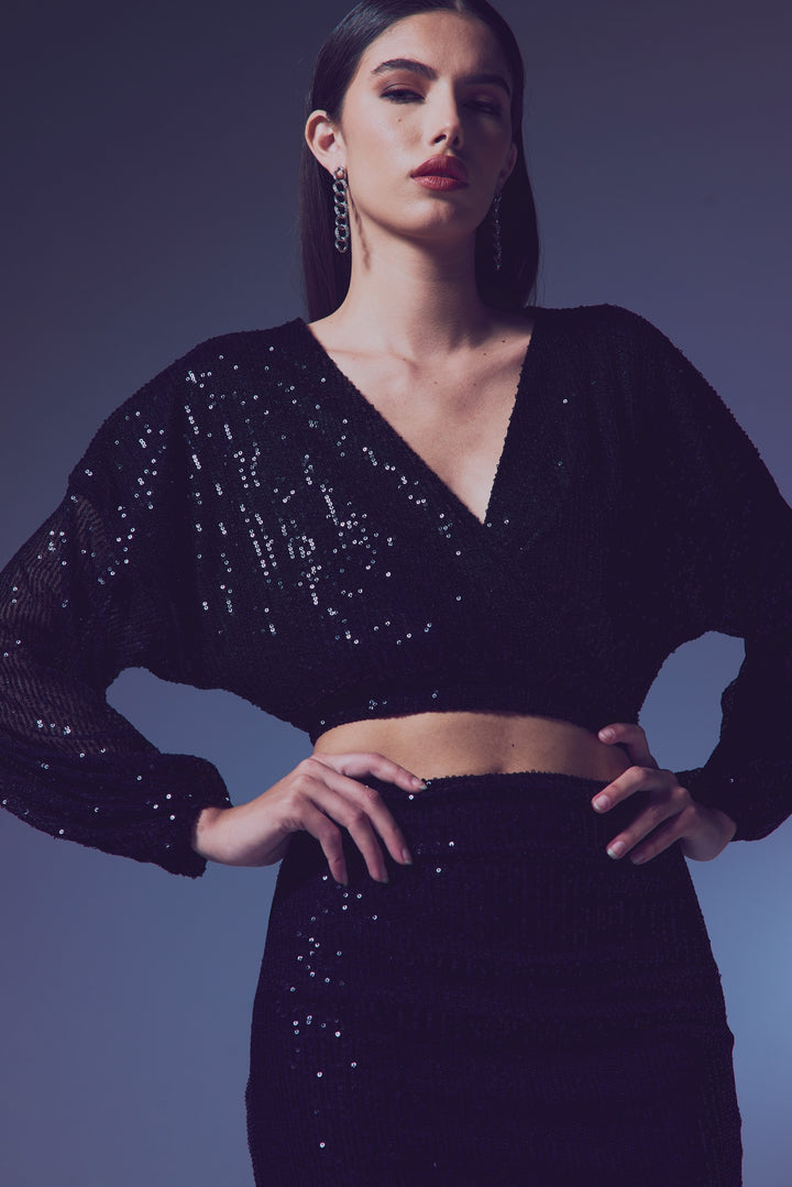 Sateen Blouse Croisée Pailletée - Noir