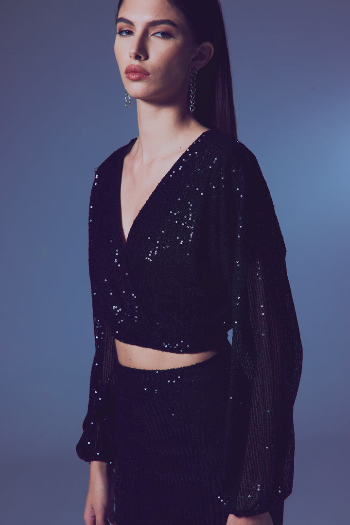 Sateen Blouse Croisée Pailletée - Noir