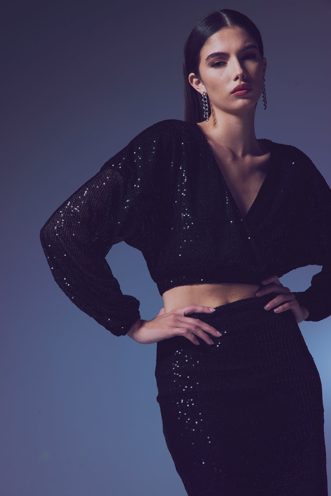Sateen Blouse Croisée Pailletée - Noir