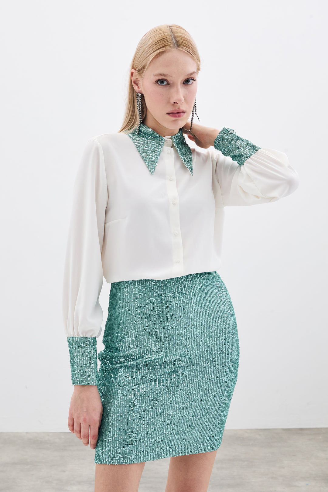 Sateen Jupe Mini Pailletée - Menthe