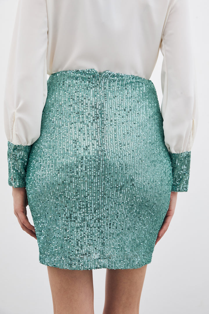 Sateen Jupe Mini Pailletée - Menthe