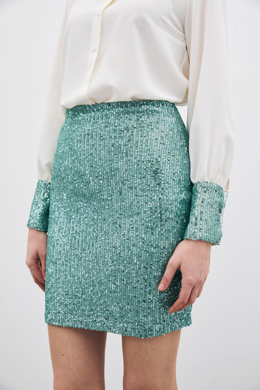 Sateen Jupe Mini Pailletée - Menthe