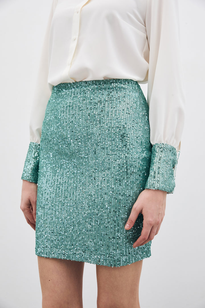 Sateen Jupe Mini Pailletée - Menthe