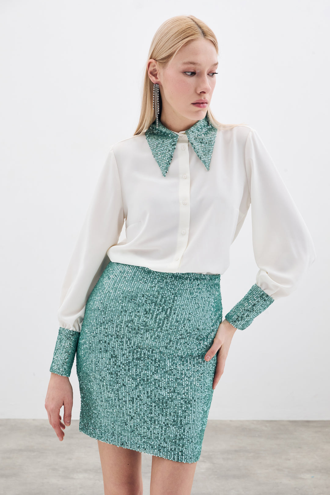 Sateen Jupe Mini Pailletée - Menthe