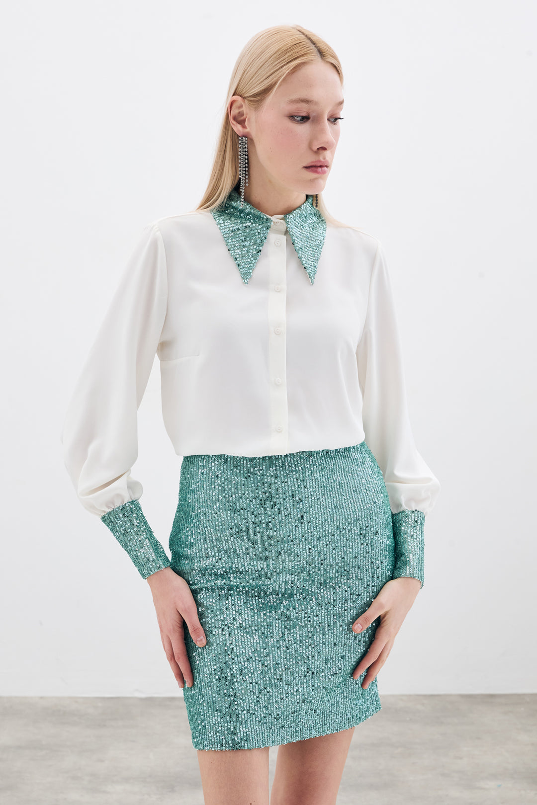 Sateen Jupe Mini Pailletée - Menthe