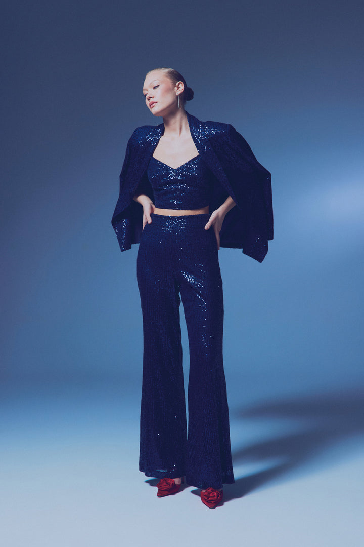Sateen Pantalon Ample Pailleté - Bleu marine