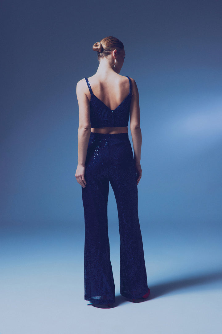 Sateen Pantalon Ample Pailleté - Bleu marine